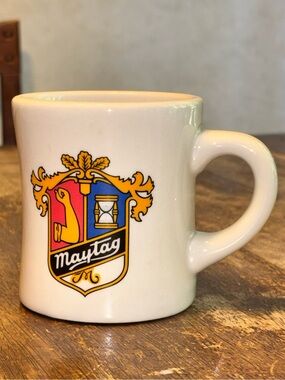Vintage Maytag Advertising Coffee Mug Repairman Logo Crest Diner Style 4”